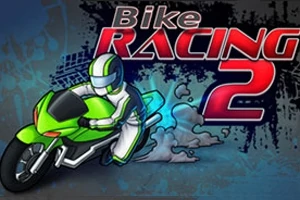 En tegnet motorsykkelfører i grønn og hvit drakt kjører en grønn motorsykkel med teksten Bike Racing 2 i bakgrunnen