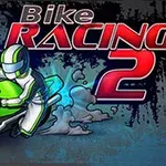 En tegnet motorsykkelfører i grønn og hvit drakt kjører en grønn motorsykkel med teksten Bike Racing 2 i bakgrunnen
