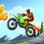 En illustrasjon av en motorsyklist i oransje drakt som utfører et hopp på en rampe med fjell i bakgrunnen og teksten Bike Racing i oransje bokstaver