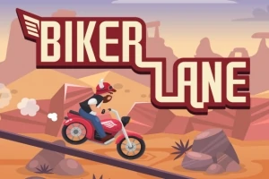 En tegnet motorsyklist med stor hjelm kjører gjennom et ørkenaktig landskap med steiner og kaktuser, og teksten Biker Lane er synlig