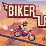 En tegnet motorsyklist med stor hjelm kjører gjennom et ørkenaktig landskap med steiner og kaktuser, og teksten Biker Lane er synlig