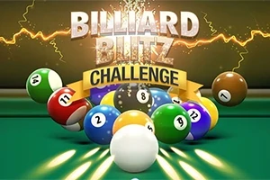 Kuler i forskjellige farger sprer seg over et biljardbord med teksten Billiard Blitz Challenge i bakgrunnen