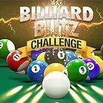 Kuler i forskjellige farger sprer seg over et biljardbord med teksten Billiard Blitz Challenge i bakgrunnen