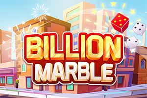 Fargerik illustrasjon med teksten Billion Marble, terninger, bygninger og konfetti i en byscene