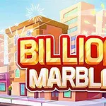 Fargerik illustrasjon med teksten Billion Marble, terninger, bygninger og konfetti i en byscene
