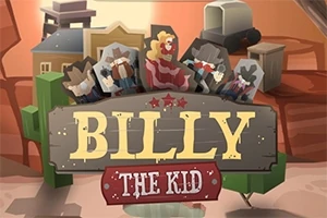 Tegneseriefigurer med cowboytema og teksten Billy the Kid på et treskilt