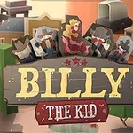 Tegneseriefigurer med cowboytema og teksten Billy the Kid på et treskilt