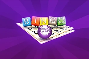 Fargerike bokstaver som staver BINGO står over et bingo-kort og en lilla ball med nummeret 75, alt på en lilla bakgrunn