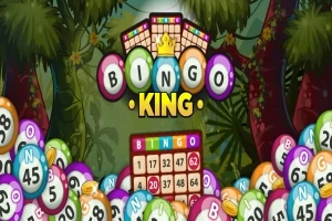 Bingo-kuler og et bingo-kort med teksten Bingo King i en fargerik jungelbakgrunn