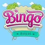 Rosa skilt med teksten Bingo over en blå banner hvor det står Royal, mot en blå bakgrunn med skyer og busker