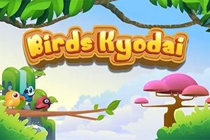 Fargerike fugler sitter på en gren med logoen Birds Kyodai over dem, omgitt av trær og blå himmel