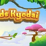 Fargerike fugler sitter på en gren med logoen Birds Kyodai over dem, omgitt av trær og blå himmel