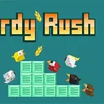 Fargerike, pikselerte fugler samlet rundt grønne kassestabler på en blå bakgrunn med teksten Birdy Rush i toppen