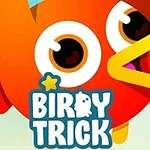 En tegneserieinspirert rød fugl med store øyne og oransje nebb, med teksten Birdy Trick under