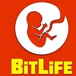 Logo med en silhuett av et foster i en sirkel mot rød bakgrunn og teksten BitLife i gule bokstaver