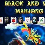 Tekst med tittelen Black and White Mahjong 2 ledsaget av fargerike Mahjong-brikker og grafiske elementer som skyer og en tryllestav