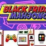 Fargerik grafikk med teksten Black Friday Mahjong og bilder av elektronikk og gaveartikler mot en lilla bakgrunn
