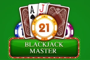 Kort med ess og knekt, pokerchips og teksten Blackjack Master på en grønn bakgrunn
