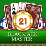 Kort med ess og knekt, pokerchips og teksten Blackjack Master på en grønn bakgrunn
