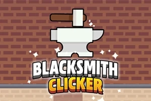 Illustrasjon av en smie med en hammer og ambolt mot en mursteinsbakgrunn, med teksten Blacksmith Clicker nederst