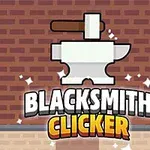 Illustrasjon av en smie med en hammer og ambolt mot en mursteinsbakgrunn, med teksten Blacksmith Clicker nederst
