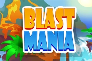 Fargerik illustrasjon med teksten Blast Mania i stor, fet skrift foran et vulkansk landskap med palmer og en foss