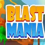 Fargerik illustrasjon med teksten Blast Mania i stor, fet skrift foran et vulkansk landskap med palmer og en foss