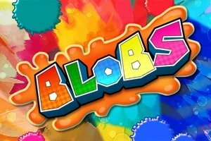 Fargerik bakgrunn med sprut av maling og ordet BLOBS i dristige, fargerike bokstaver