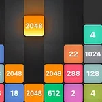 Fargerike nummererte blokker stablet i kolonner på en mørk bakgrunn, med en fremhevet blokk i midten som har tallet 2048