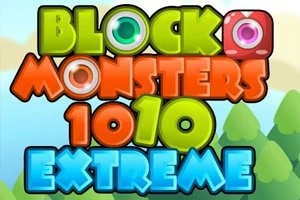 Fargerik tekst som sier Block Monsters 1010 Extreme med tegneserieaktige bokstaver foran en bakgrunn av trær