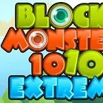 Fargerik tekst som sier Block Monsters 1010 Extreme med tegneserieaktige bokstaver foran en bakgrunn av trær