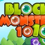Fargerik tekst med ordet Block Monsters 1010 foran en tegnet landskap med trær og øyne