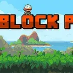 En figur med hjelm står på teksten BLOCK PILE med en bakgrunn av frodig landskap og blå himmel