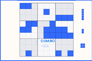 Et rutenett med blå og hvite blokker der teksten COMBO +64 vises i midten