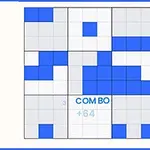 Et rutenett med blå og hvite blokker der teksten COMBO +64 vises i midten