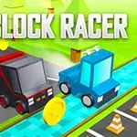 To blokklignende biler kjører side om side på en vei med gullmynter og trafikkjegler