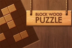 Trebokstaver er arrangert i et puslespill på en mørk trebakgrunn, ved siden av et treskilt med teksten Block Wood Puzzle