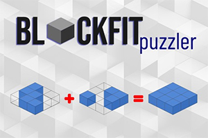 Tittel med ordet Blockfit Puzzler og illustrasjoner av blå blokker lagt ut i en ligning