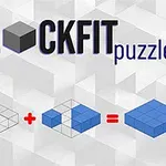 Tittel med ordet Blockfit Puzzler og illustrasjoner av blå blokker lagt ut i en ligning