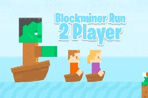 Tegneseriefigurer i båter på vann med teksten Blockminer Run 2 Player i bakgrunnen