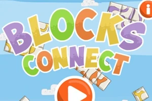 Fargerik tekst med ordene Blocks Connect på en blå bakgrunn med skytedetaljer og et sentralt plassert play-ikon