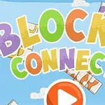 Fargerik tekst med ordene Blocks Connect på en blå bakgrunn med skytedetaljer og et sentralt plassert play-ikon