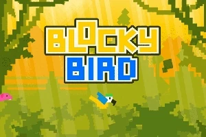 En pikselert fugl flyr gjennom en jungel med en stor logo med teksten “Blocky Bird” i forgrunnen