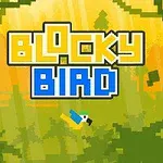 En pikselert fugl flyr gjennom en jungel med en stor logo med teksten “Blocky Bird” i forgrunnen