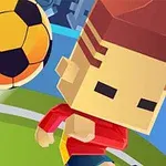 En figur med et blokkaktig hode og rød trøye, som beveger seg på en fotballbane med en stor fotball i bakgrunnen