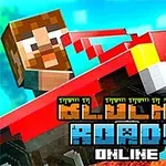 En pikselert figur kjører en rød bil med dynamisk bakgrunn og teksten Blocky Roads Online vises foran