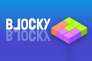 Tekst BLOCKY ved siden av en mosaikk av fargede blokker på en blå bakgrunn