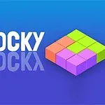 Tekst BLOCKY ved siden av en mosaikk av fargede blokker på en blå bakgrunn