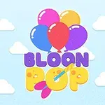 Fargerike ballonger og teksten BLOON POP mot en lys blå bakgrunn med hvite skyer