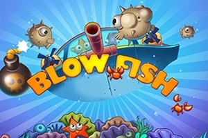 Fargerik illustrasjon med oppblåste kulefisker, en båt med rørkanon og teksten Blow Fish over et marint landskap